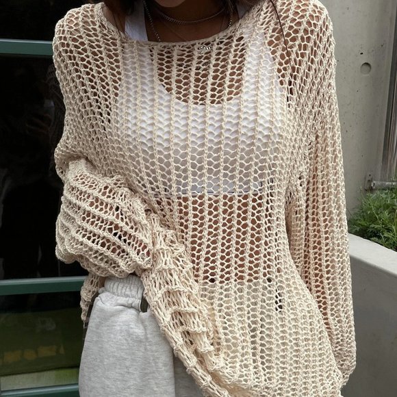 . Tops - Apricot Casual Womens Hollow Out Drop Shoulder Open Knit Sweater